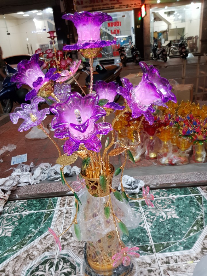 Đèn thờ bình hoa thủy tinh 5 bông 0.85m