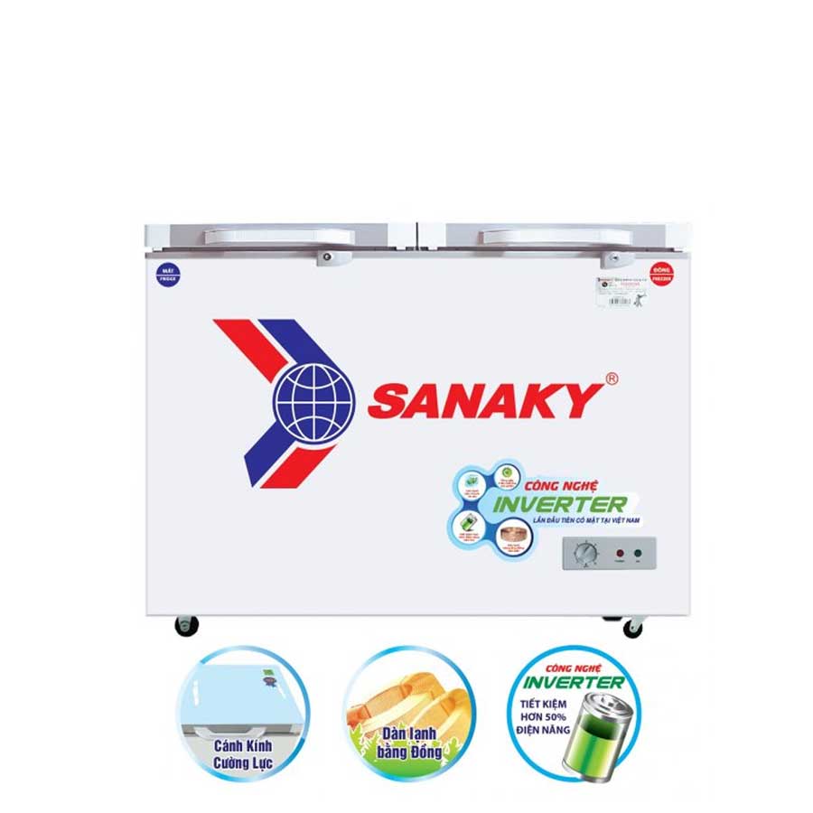 Tủ đông mát Sanaky 195L inverter VH-2599W4K(2 ngăn:1 đông 1 mát,2 cánh,Dàn đồng,cánh kính cường lực,màu xám)