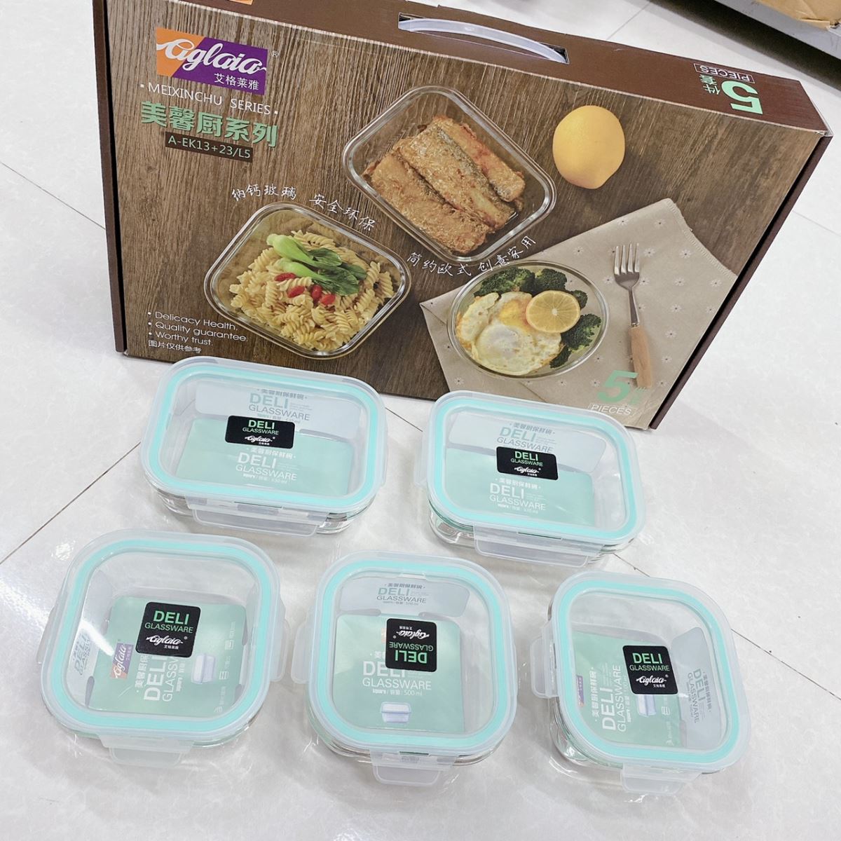 Set hộp thực phẩm thuỷ tinh deli 5 cái( 3 vuông+ 2 chữ nhật)