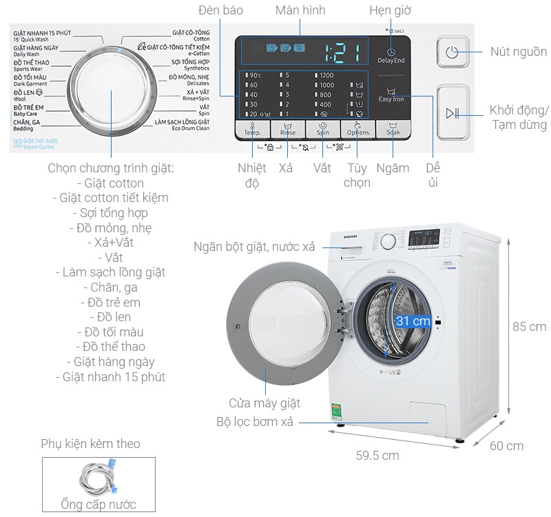 Máy giặt hơi nước 8 Kg Samsung WW80J52G0KW Inverter